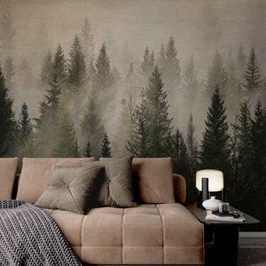 Misty Pine Tree Forest Landscape Wallpaper. Peel and Stick Wall Mural. Bathroom Forest Vintage Wallpaper. Cabin Mountain Theme Decor. #6237