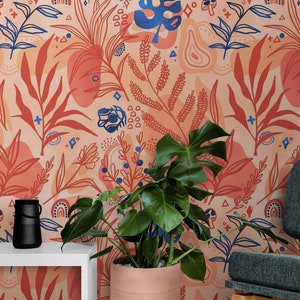 Fern Botanical Wallpaper. Flower Wallpaper. Peel and Stick Wall Mural. Colorful Orange Tropical Leaf Floral Pattern Wall Mural. #6558