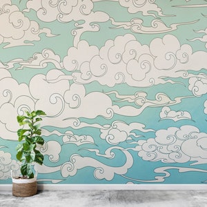 Japanese Traditional Curly Cloud in Sky Abstract Illustration Asian Decor Wall Mural. Peel and Stick Wallpaper. Boho Wallpaper. #6297