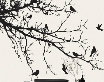 Tree Wall Decal Birds on a Branch Wall Decal Trees Bird Wall Decal Branch Nature Wall Decal Bedroom Wall Art Nursery Decor Bathroom #1002