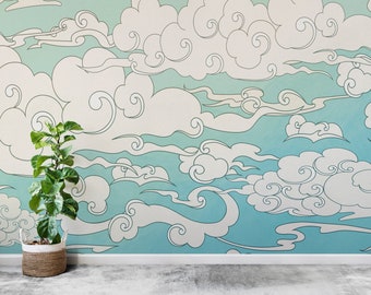 Japanese Traditional Curly Cloud in Sky Abstract Illustration Asian Decor Wall Mural. Peel and Stick Wallpaper. Boho Wallpaper. #6297