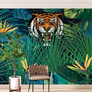 Tiger Wallpaper. Jungle Leaves Wall Mural. Peel and Stick Wallpaper. Safari Wildlife Illustration. Removable Wallpaper. #6351