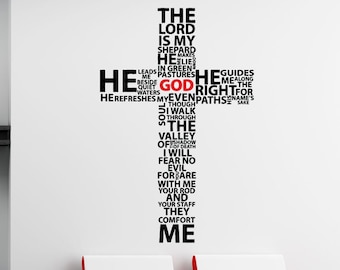 Pode incluir: Adesivo de parede preto e vermelho com o texto "O Senhor é o meu pastor, Ele me guia por caminhos tranquilos, Ele restaura a minha alma, mesmo que eu ande pelo vale da sombra da morte, não temerei mal algum, porque Tu estás comigo, a Tua vara e o Teu cajado me consolam."