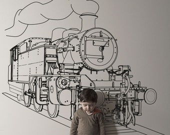 Vintage Train Wall Decal Retro Steam Engine Kids Train Wall Decal Kid's Room Home Decor Locomotive Train Sticker (Black Color)  #OS_AA211.