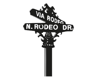 May include: Black and white silhouette of a street sign with the text "VIA RODEO" and "N. RODEO DR" on it.
