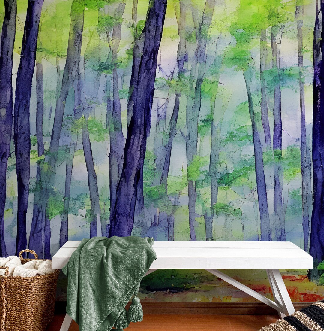 Watercolor Forest Wallpaper. Green Forest. Peel and Stick Wall Mural ...