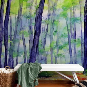 Aquarelle Papier peint Forêt. Forêt verte. Pelez et collez la murale murale. Papier peint de la chambre d’enfant. Papier peint de chambre, papier peint de salle de bain. #6493