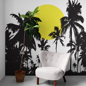 Tropical Theme Wall Decal Sticker. Palm Trees Wall Decal. Sunset Over Forest Wall Theme Decor. Bathroom, Bedroom Wall Art. #376