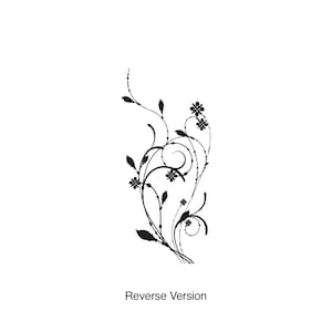 May include: Black and white silhouette of a stylized floral design with delicate vines and small flowers.