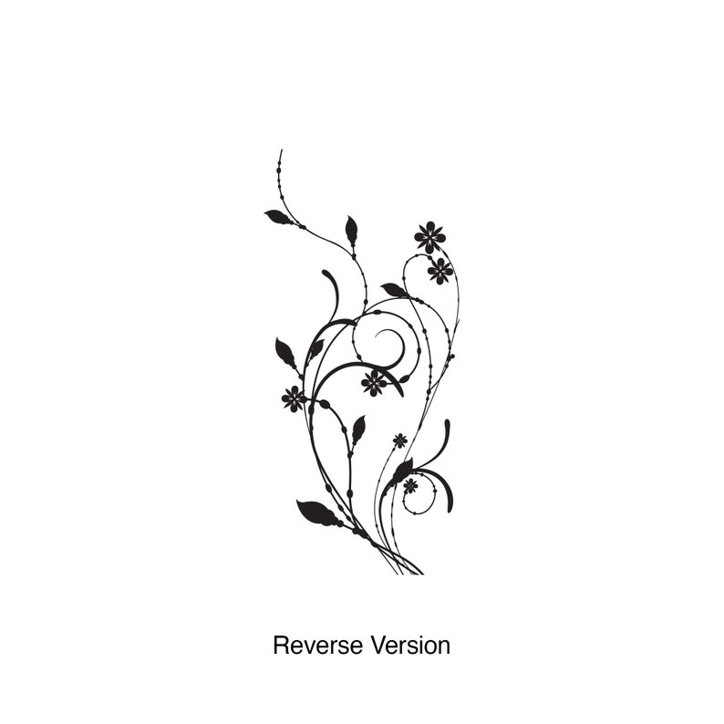 May include: Black and white silhouette of a stylized floral design with delicate vines and small flowers.