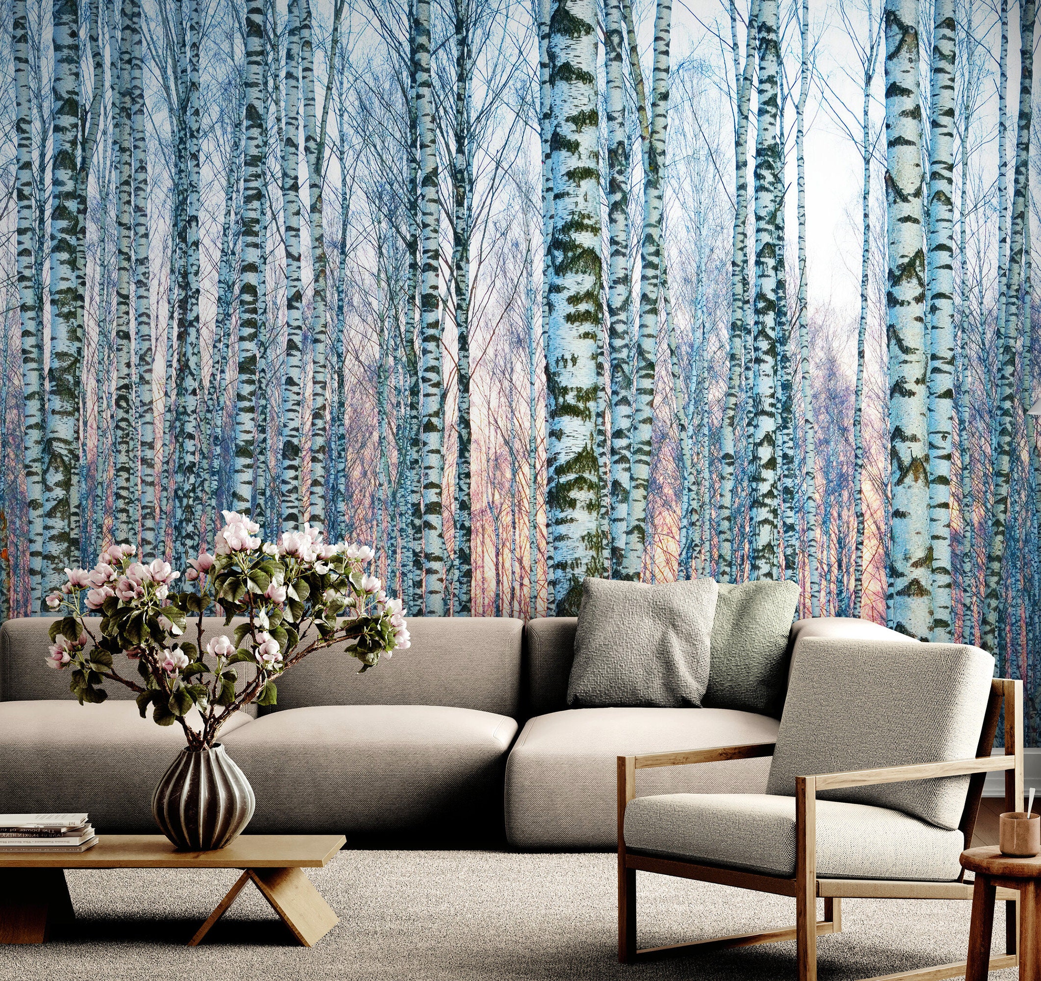 White Birch Tree Forest Wall Mural Wallpaper. Woodland Peel and Stick ...