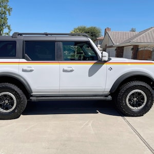 Ford Bronco 3 Color Bar Stripes Decal Sticker. 3M Premium Gloss Vinyl. Red, Orange, Yellow Racing Side Stripes. Retro Ivan Stewart Stripes. #6953