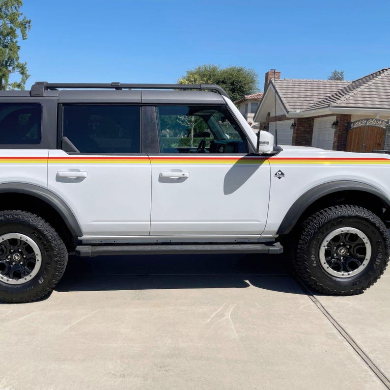 Ford Bronco 3 Color Bar Stripes Decal Sticker. 3M Premium Gloss Vinyl. Red, Orange, Yellow Racing Side Stripes. Retro Ivan Stewart Stripes. #6953