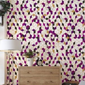 May include: Purple and gold geometric wallpaper with a white background. The wallpaper features a repeating pattern of cubes with gold outlines.
