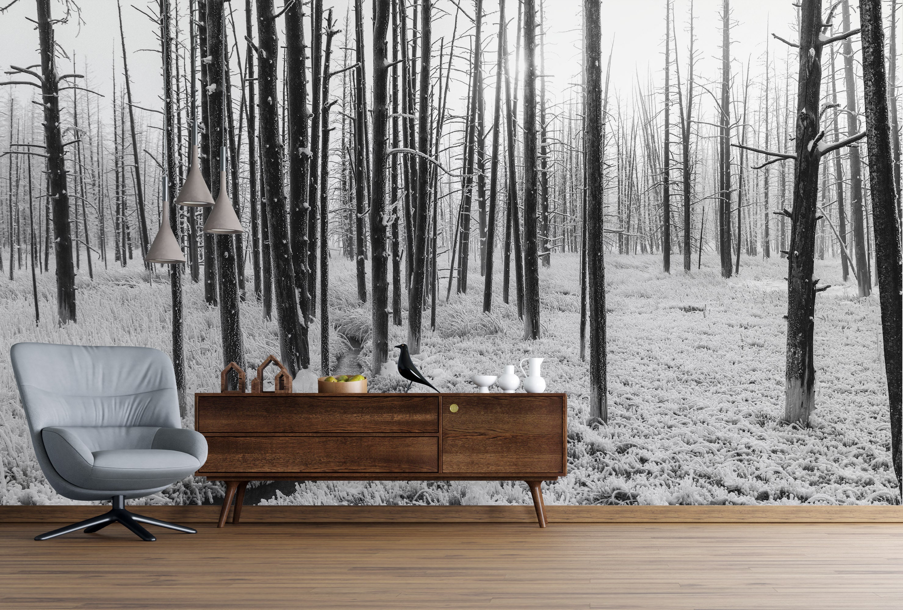 Black and White Forest Landscape Wall Mural. Peel and Stick Wallpaper ...