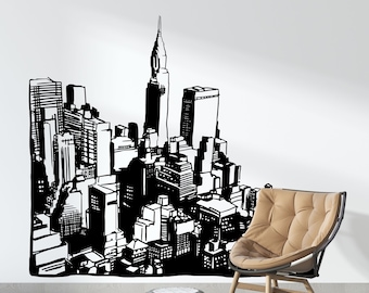 Cityscape Buildings Vinyl Wall Decal Sticker. Office / Bedroom / Kid's Room / Urban Wall Decor. Multiple Sizes. Black Color. #OS_MB612
