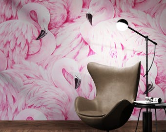 Mural de pared con estampado de flamencos rosas. Papel pintado tropical autoadhesivo para dormitorio, baño, casa de playa, salón y alquiler vacacional. #7075