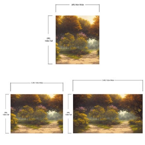 Pode incluir: Um mural de parede com uma paisagem florestal com &aacute;rvores de outono douradas, folhagem verde e um caminho de terra. O mural est&aacute; dispon&iacute;vel em tr&ecirc;s tamanhos: 244cm por 274cm, 366cm por 274cm e 488cm por 274cm, com 274cm de altura.