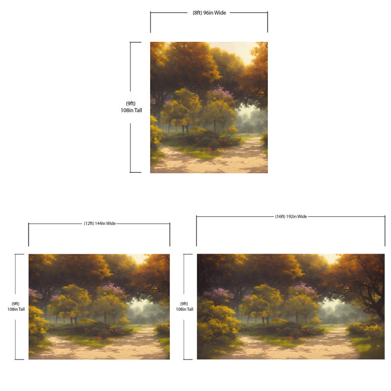 Pode incluir: Um mural de parede com uma paisagem florestal com &aacute;rvores de outono douradas, folhagem verde e um caminho de terra. O mural est&aacute; dispon&iacute;vel em tr&ecirc;s tamanhos: 244cm por 274cm, 366cm por 274cm e 488cm por 274cm, com 274cm de altura.