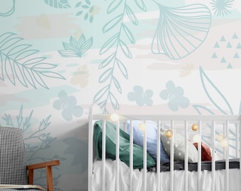Soft Pastel Wallpaper. Botanical Boho Vintage Floral Wallpaper Peel and Stick. Nursery Room / Bedroom / Bathroom Wallpaper. #6195