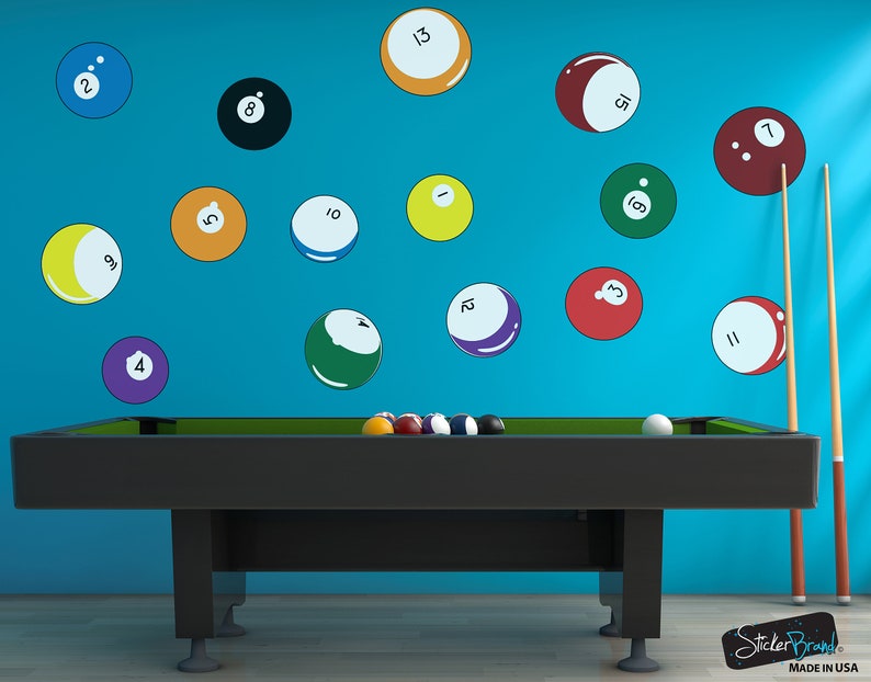 Billiard balls Wall Sticker. Pool Cue Wall Decal. Game Room Wall Decor. Gift for Dad. Gift for Brother. Man Cave Wall Decor. OS_MB130 image 1