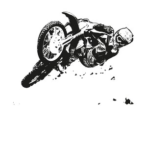 May include: A black and white illustration of a motocross rider performing a stunt on a dirt bike. The rider is wearing a helmet and goggles, and the bike is in mid-air.