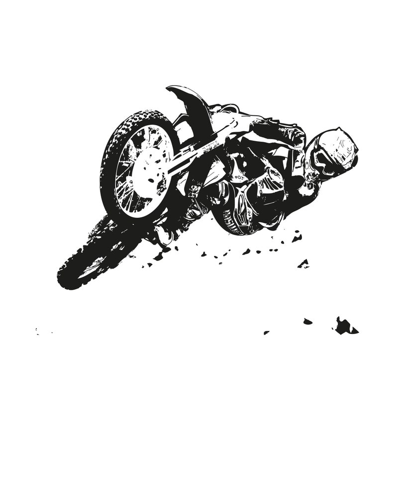 May include: A black and white illustration of a motocross rider performing a stunt on a dirt bike. The rider is wearing a helmet and goggles, and the bike is in mid-air.