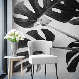 Elegant Black and White Leaves Wallpaper. Peel and Stick Wall Mural ...