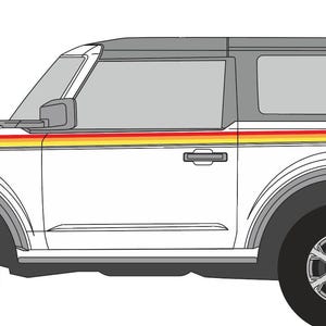 Retro 3 Color Stripes for Bronco Truck. Red, Orange, Yellow Racing Side Stripes. Retro Ivan Stewart Stripes. 3M Premium Gloss Vinyl. #6953 Bronco (2 Door)