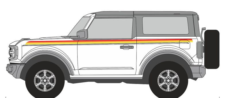 Retro 3 Color Stripes for Bronco Truck. Red, Orange, Yellow Racing Side Stripes. Retro Ivan Stewart Stripes. 3M Premium Gloss Vinyl. #6953 Bronco (2 Door)