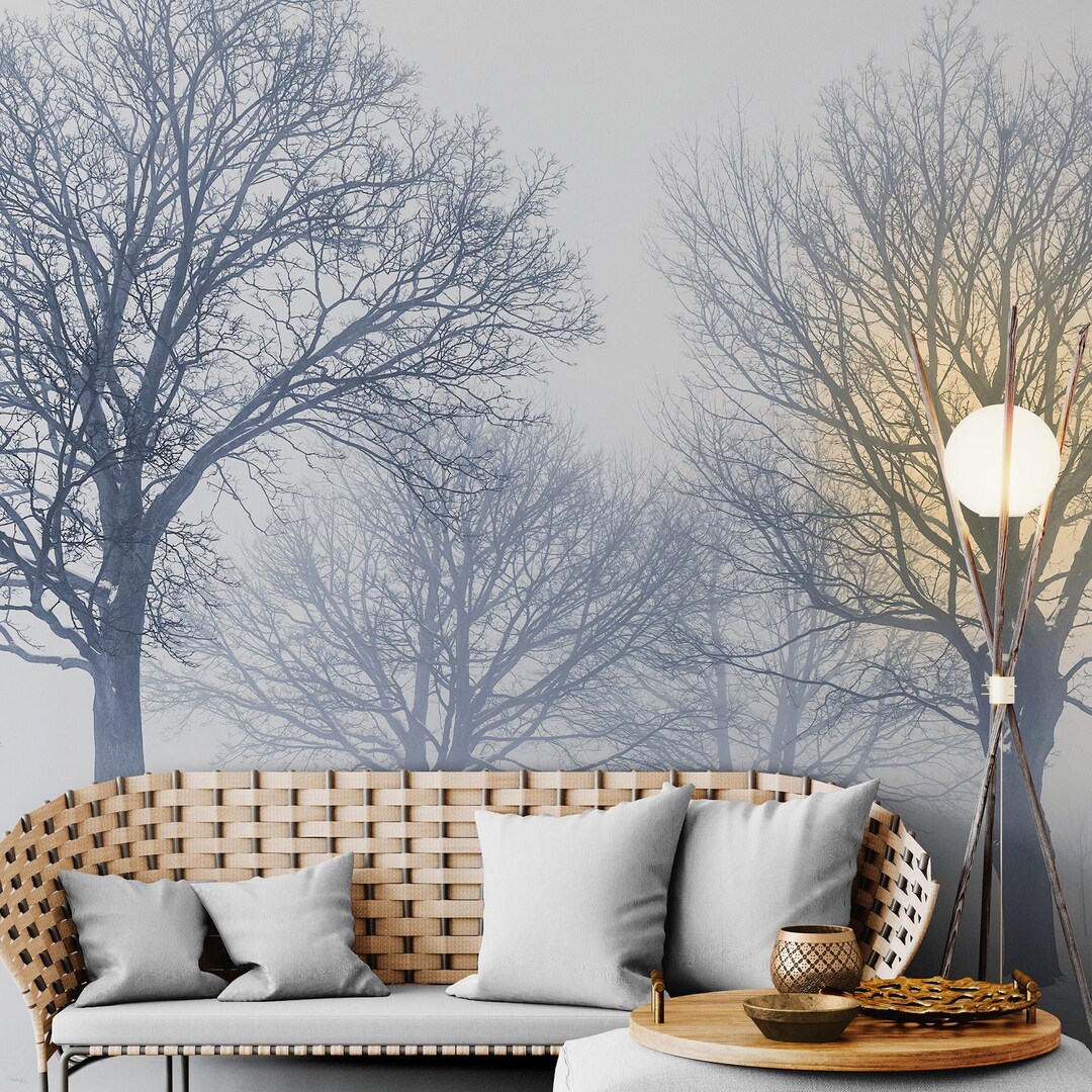 Snow Covered Trees Peel and Stick Wallpaper Mural. Black and White ...