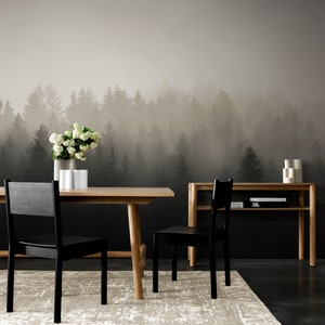 Foggy Forest Wallpaper. Mountain and Trees Peel and Stick Temporary Wall Mural. Nursery Wall Decor. Beige Color Pine Tree Home Decor. #6122