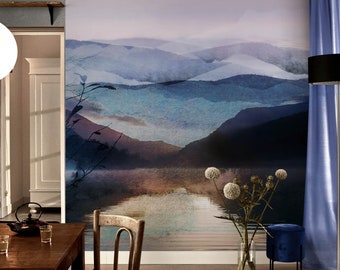 Mountain Wallpaper, Removable Wallpaper. Watercolor painting Mountain View Retreat Wall Mural. Nursery Wallpaper. Peel and Stick Mural #6464