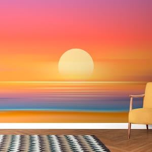 Sunset Over Ocean Horizon Wall Mural. Orange Sunset Over Coastline Blurred Abstract Peel and Stick Wallpaper. Beach Theme Decor. #6393