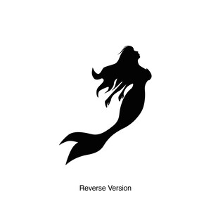 May include: Black silhouette of a mermaid with flowing hair and a tail, against a white background. The image is labeled "Reverse Version".