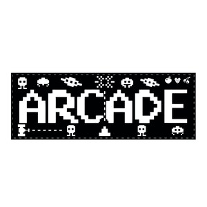 May include: Black and white pixel art design of the word "ARCADE" with various pixelated game elements surrounding the text.