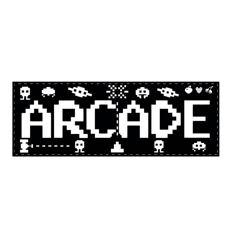 May include: Black and white pixel art design of the word "ARCADE" with various pixelated game elements surrounding the text.