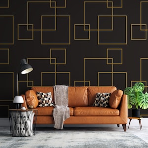 Dark Brown and Gold Square Geometric Pattern Peel and Stick Wallpaper | Removable Wall Mural. Boho Wallpaper. #6215