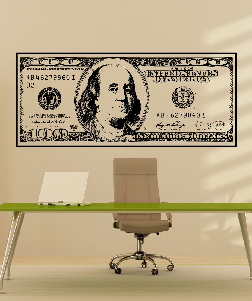 Big 100 Dollar Bill Wall Decal Sticker. Benjamins. Office / Game Room/ Kids Room Wall Decor. Money Success Quote Theme. (Black Color) #1560