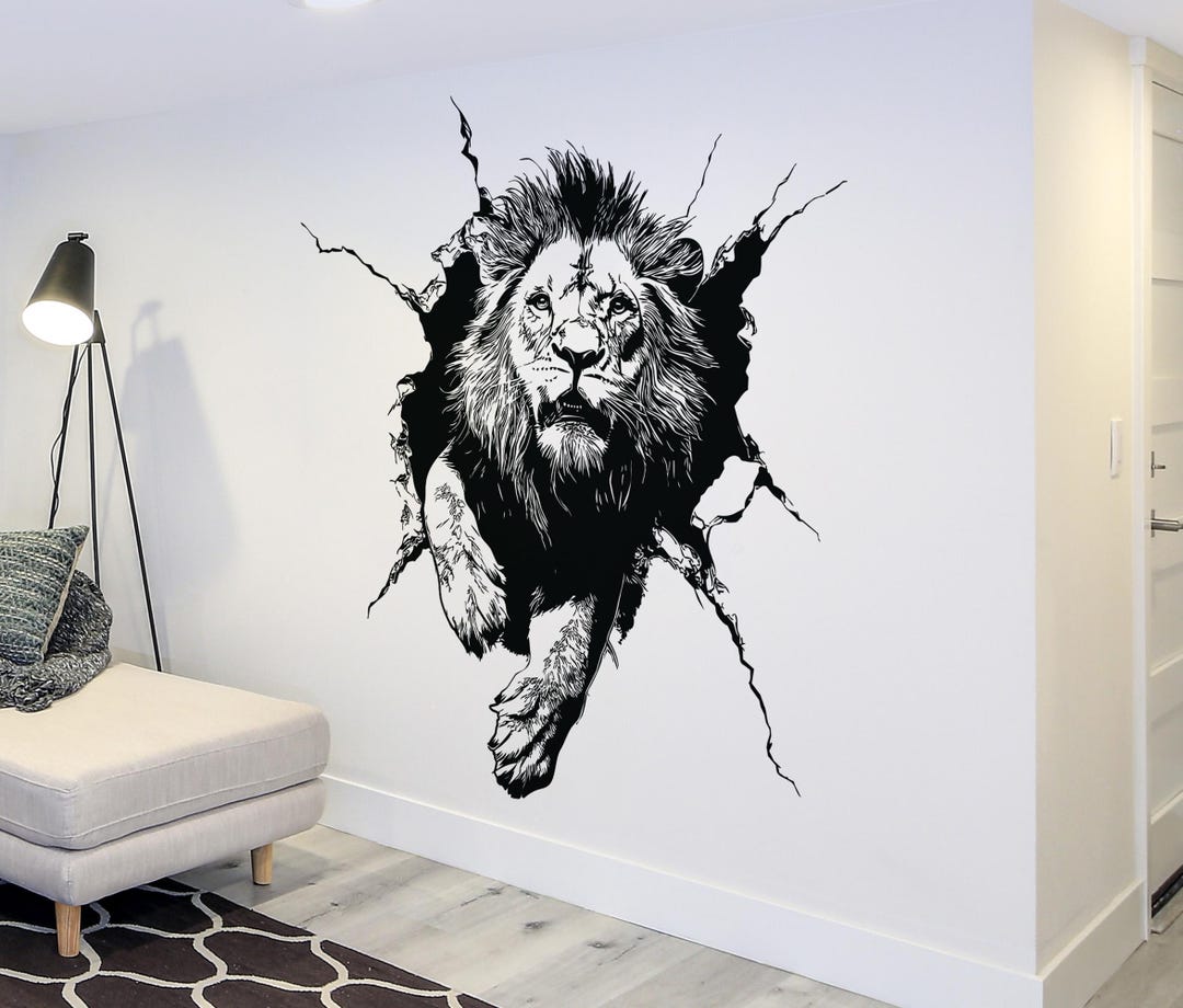 Lion Breaking Through Wall Decal, 3D Jungle Animal Sticker for Boys ...