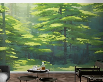 Green Forest Wallpaper, Tree Wallpaper, Forest Wall Mural, Peel and Stick Wallpaper, Green Wallpaper, Nursery Wallpaper, Bedroom Wallpaper.