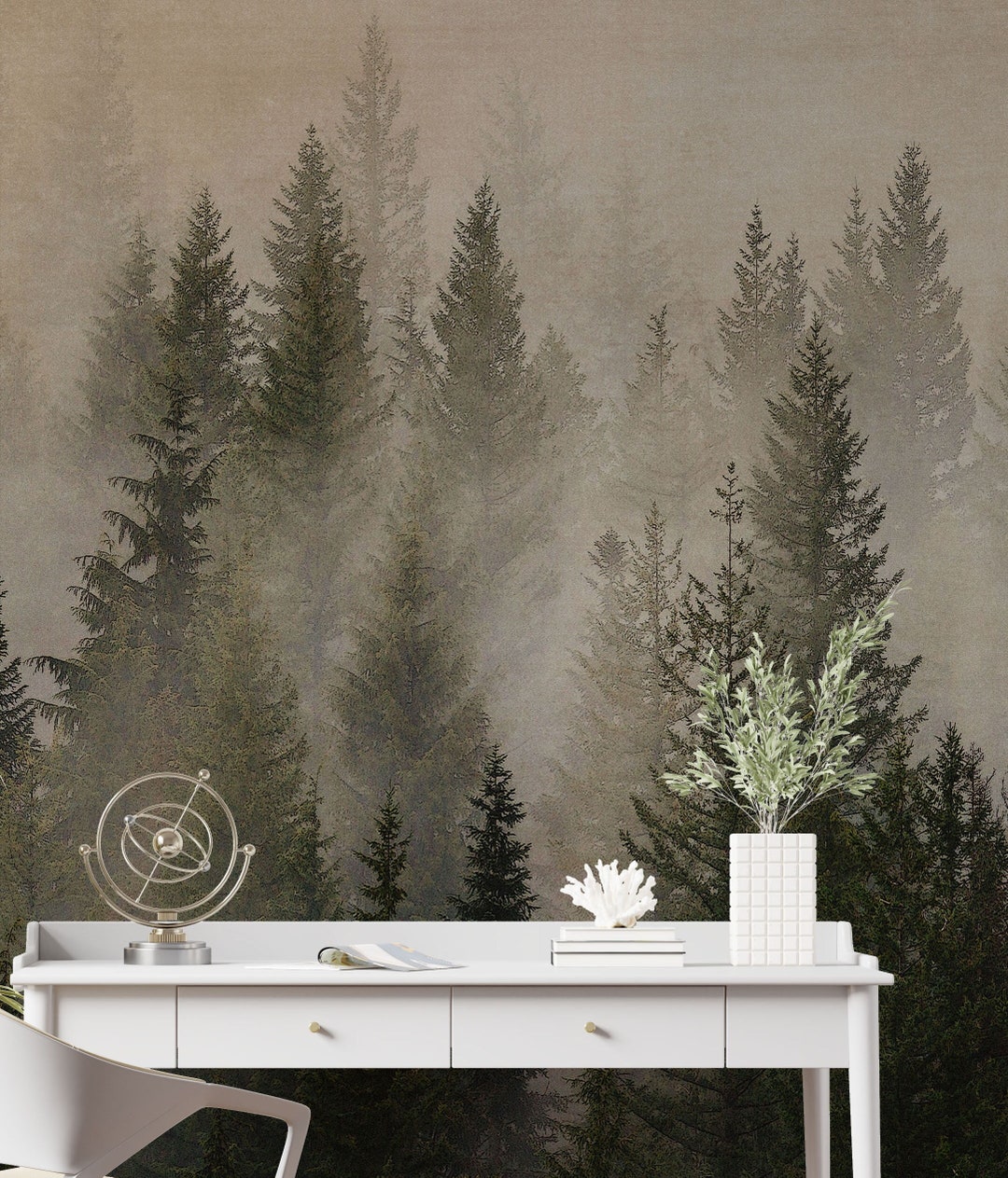 Misty Pine Tree Forest Landscape Wallpaper. Peel and Stick Wall Mural ...