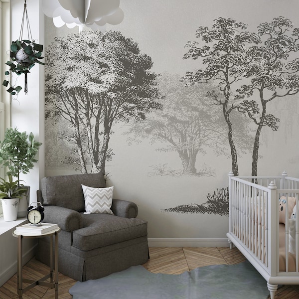 Vintage Forest Trees Wall Mural. Beige, Grey Abstract Sketched Art Design. Peel & Stick Wallpaper Removable Wall Mural. Boho Wallpaper #6329