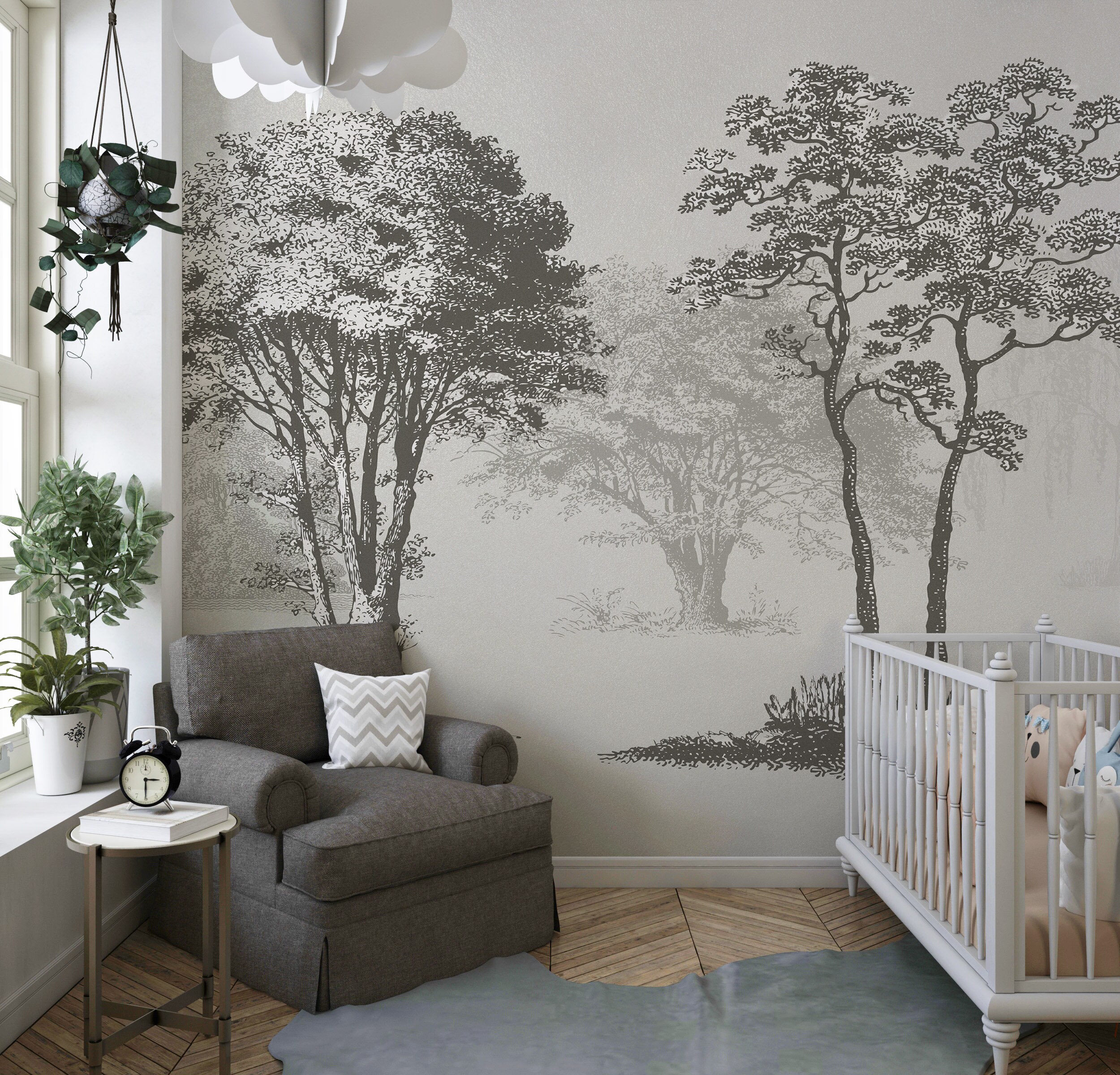 Vintage Forest Trees Wall Mural. Monochrome Abstract Sketched | Etsy