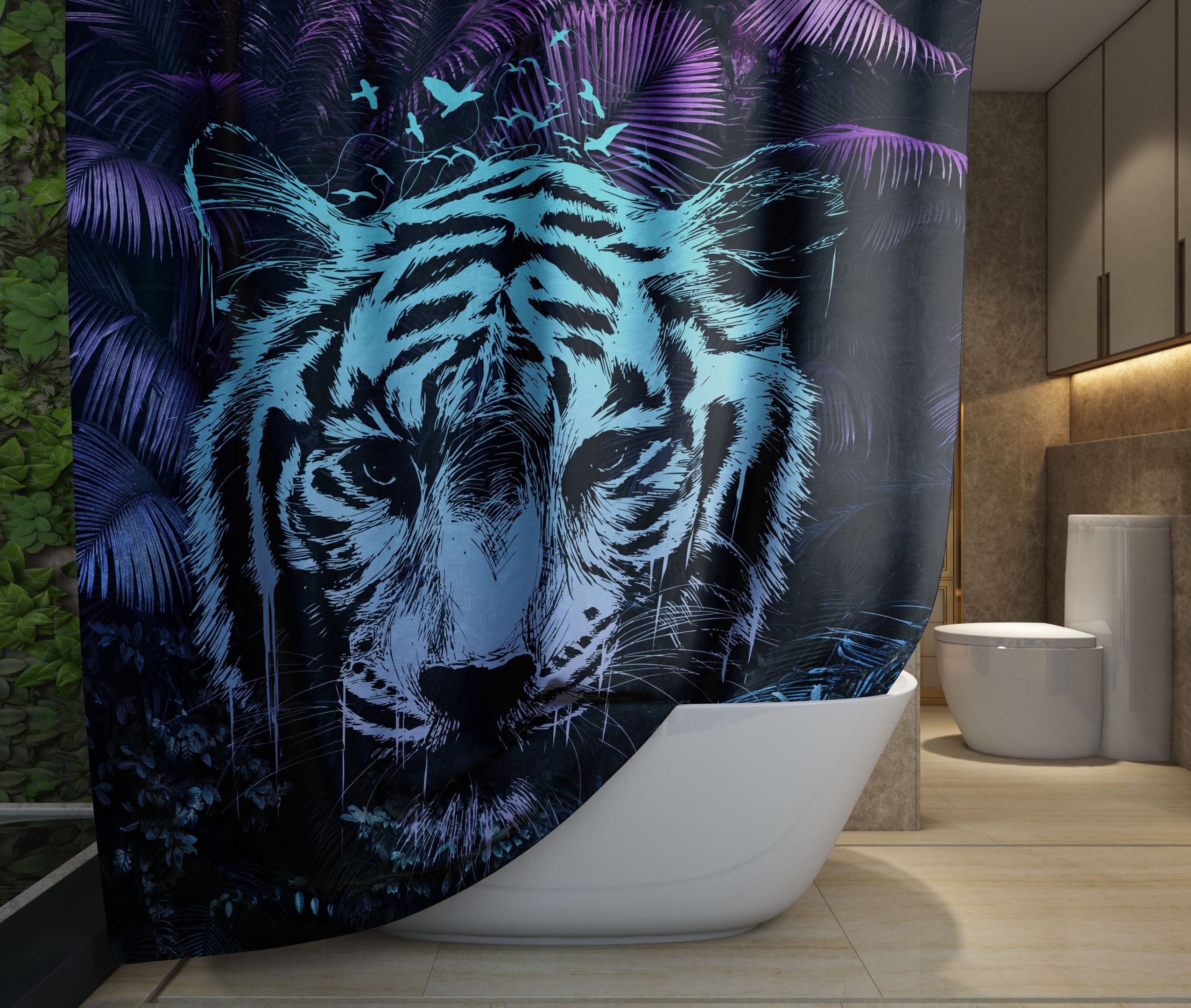 Tiger in Jungle Shower Certain. Jungle Theme Bathroom Decor. Bright Colors,  Teal, Purple, Green Color Abstract Modern Shower Curtain. SC1001 