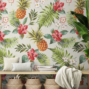 Pineapple Wallpaper Tropical Theme Wall Mural. Hawaiian Peel and Stick Wallpaper Beach Decor Paradise Vibe Theme Decor. Boho. #6447