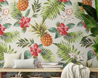 Pineapple Wallpaper Tropical Theme Wall Mural. Hawaiian Peel and Stick Wallpaper Beach Decor Paradise Vibe Theme Decor. Boho. #6447