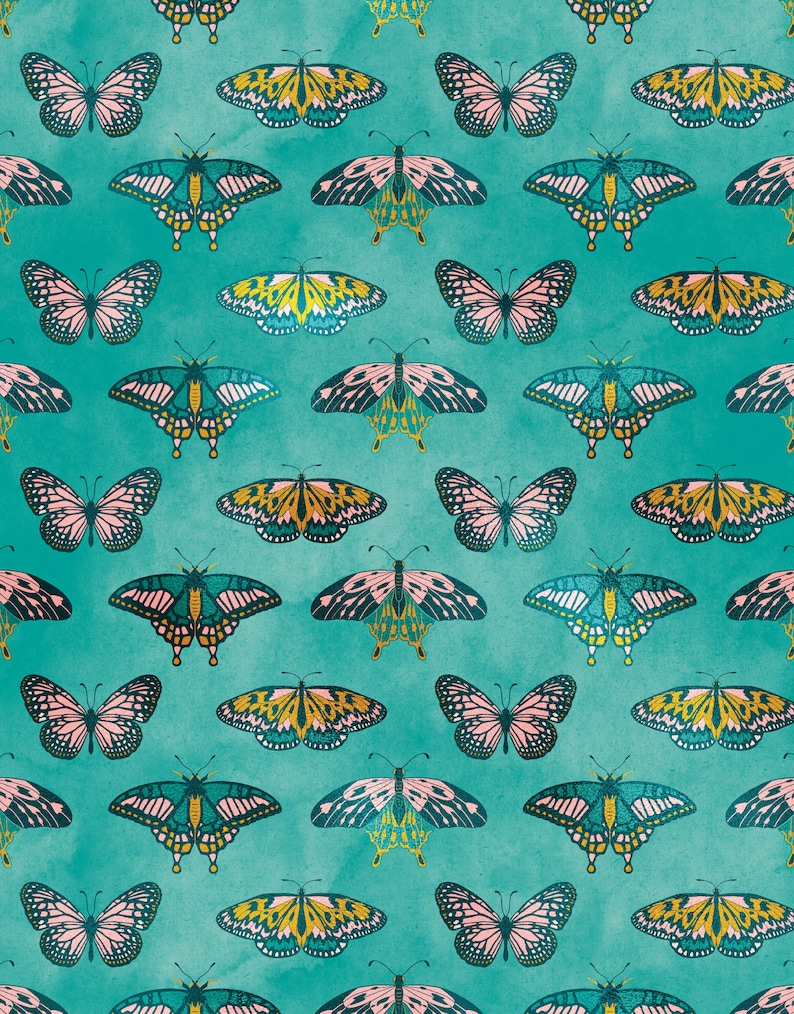 Butterfly Pattern on Green Background Wall Mural. Retro - Etsy