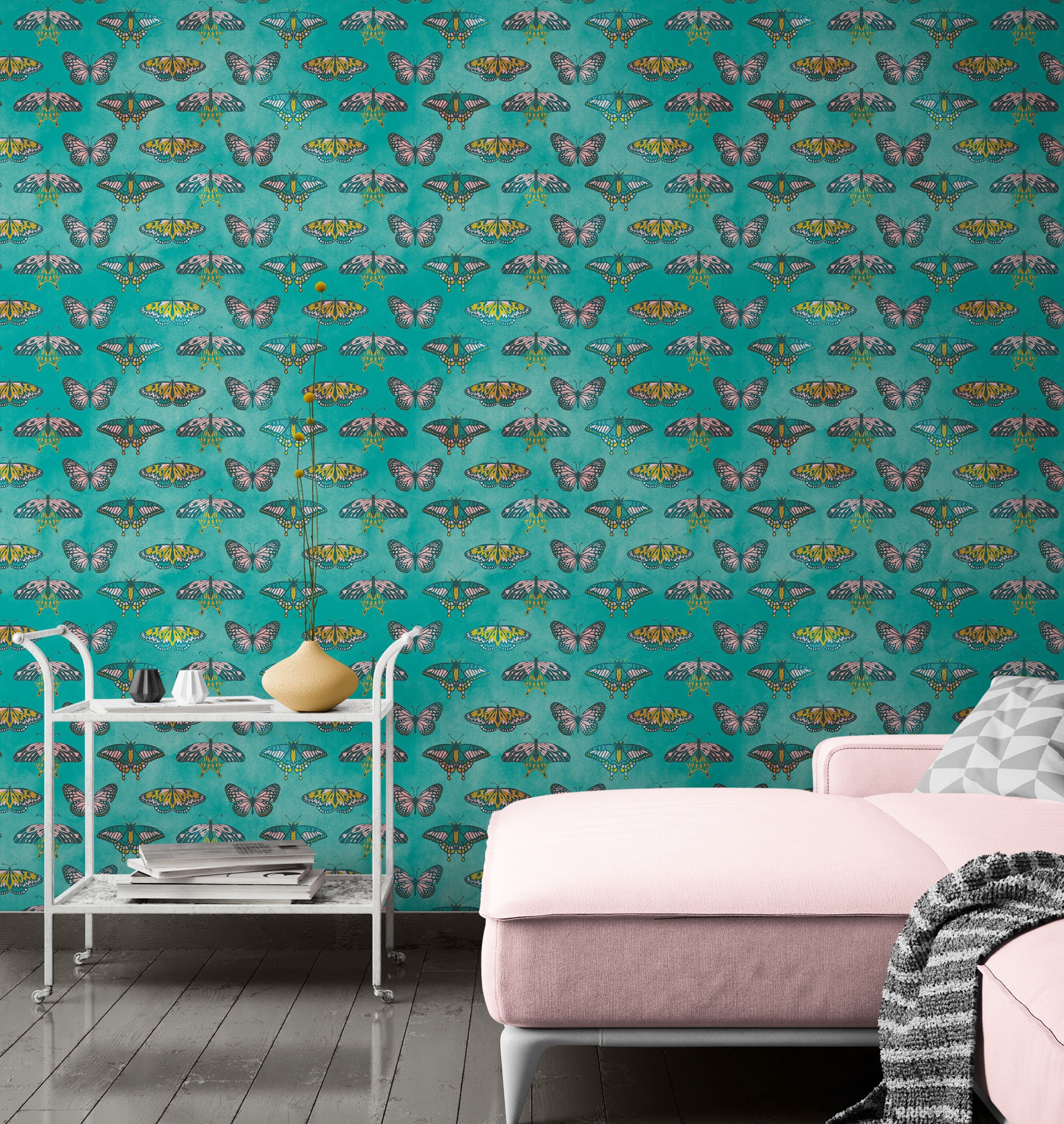 Butterfly Pattern on Green Background Wall Mural. Retro Design. Bedroom ...
