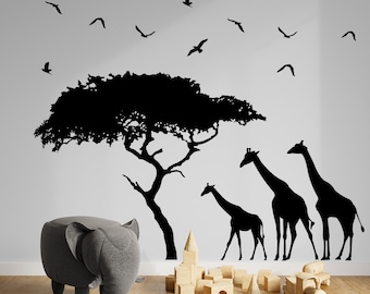 African Safari Theme Wall Decal Sticker. Giraffes, Tree and Birds Wall Decal. Kid's Room Giraffe, Nursery Room Wall Decor.  #OS_ES104A